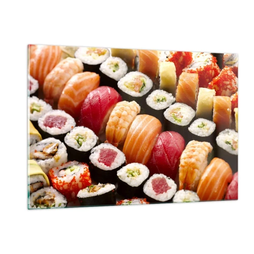 Obraz na szkle - Kolorowa kompozycja sushi z różnorodnymi składnikami - 120x80cm - Barwy i smaki Azji - Nowoczesna dekoracja ścienna do salonu, kuchni i sypialni ARTTOR