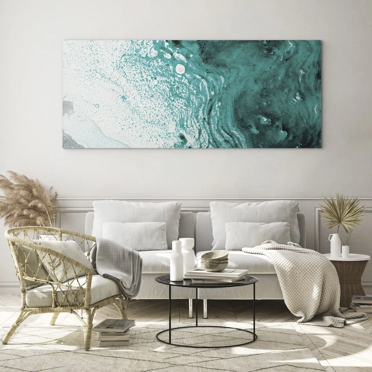 Obraz na szkle - Abstrakcyjna kompozycja w turkusowych odcieniach na białym tle - 160x50cm - Rozpłynąć się w bieli i turkusie - Nowoczesna dekoracja ścienna do salonu i sypialni ARTTOR