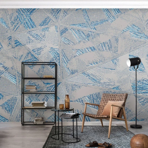 Fototapeta Standard Eco - Geometryczny wzór w odcieniach szarości i niebieskiego - 100x70cm - W szaroniebieskim labiryncie - Nowoczesna dekoracja ścienna do salonu i sypialni ARTTOR