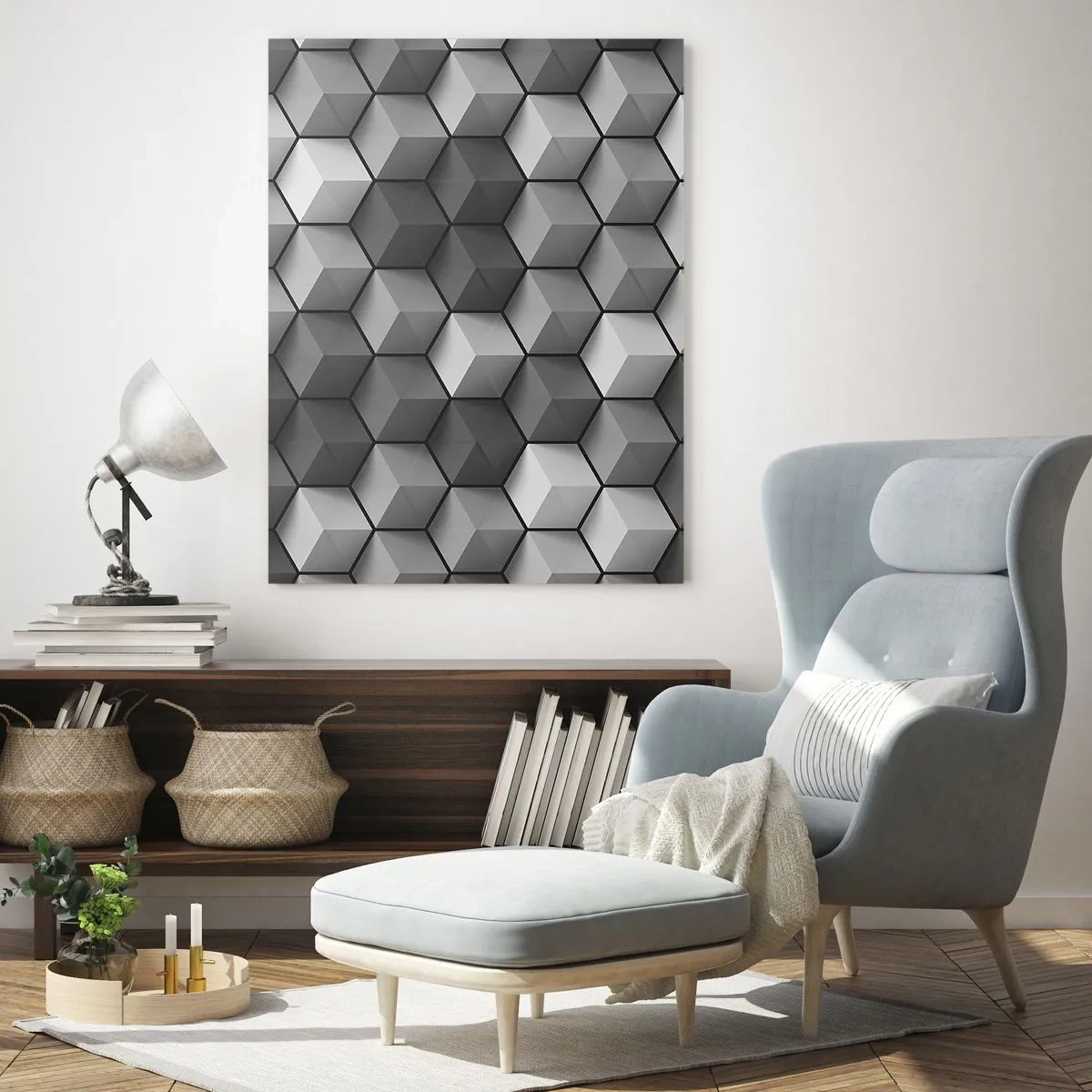 Obraz na szkle - Geometryczne sześciany w odcieniach szarości - 50x70cm - Kubistyczna układanka - Nowoczesna dekoracja ścienna do salonu, kuchni i sypialni ARTTOR
