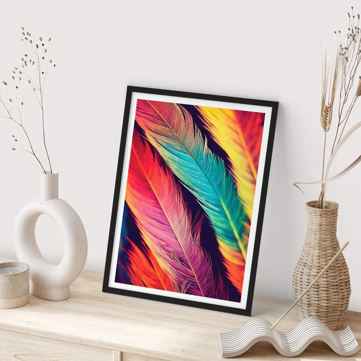 Plakat w czarnej ramie - Kolorowe pióra w żywych odcieniach na ciemnym tle - 50x70cm - Pierzasta tęcza - Nowoczesna dekoracja ścienna do salonu i sypialni ARTTOR
