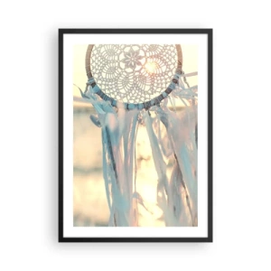 Plakat w czarnej ramie - Koronkowy łapacz snów w blasku zachodzącego słońca, z jasnym tłem - 50x70cm - Koronkowy totem - Nowoczesna dekoracja ścienna do salonu i sypialni ARTTOR