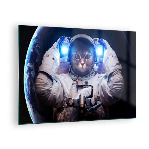 Obraz na szkle - Kosmonauta z głową kota w przestrzeni kosmicznej - 70x50cm - Houston, macie problem - Nowoczesna dekoracja ścienna do salonu i sypialni ARTTOR
