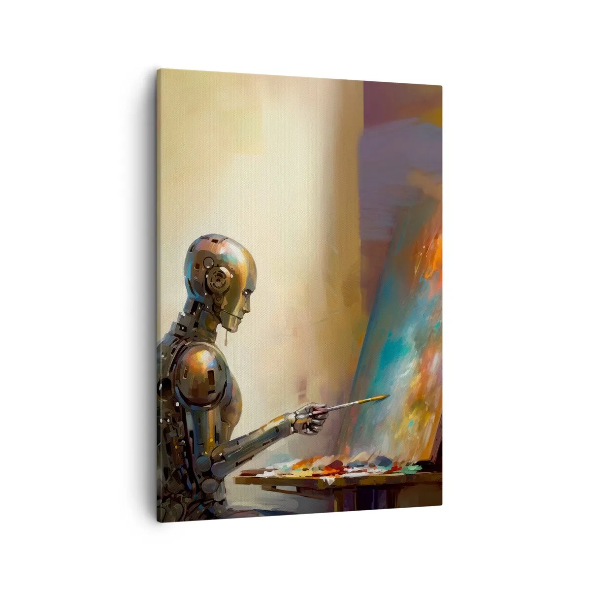 Obraz na płótnie - Robot malujący obraz w futurystycznym stylu - 50x70cm - Sztuka przyszłości - Nowoczesna dekoracja ścienna do salonu, kuchni i sypialni ARTTOR
