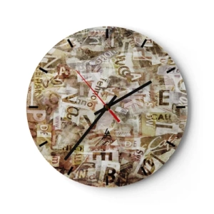 Zegar ścienny - Abstrakcyjna kompozycja z literami w odcieniach beżu i brązu - 30x30cm - Zjednoliterzam paplomanię - Nowoczesna dekoracja ścienna do salonu, kuchni i sypialni ARTTOR