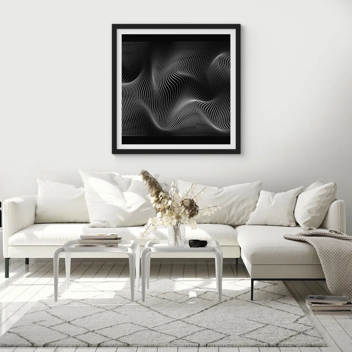 Plakat w czarnej ramie - Taniec światła w przestrzeni - 30x30 cm