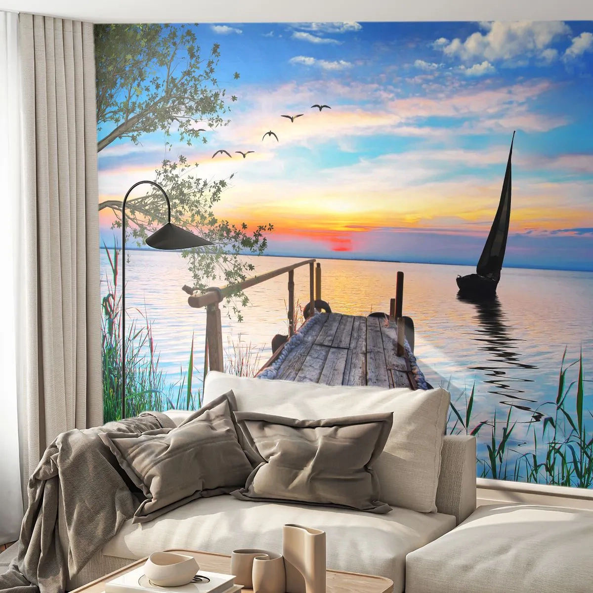 Fototapeta Premium Sand - Drewniany pomost nad jeziorem o zachodzie słońca - 100x70cm - Dobry wieczór - Nowoczesna dekoracja ścienna do salonu, kuchni i sypialni ARTTOR