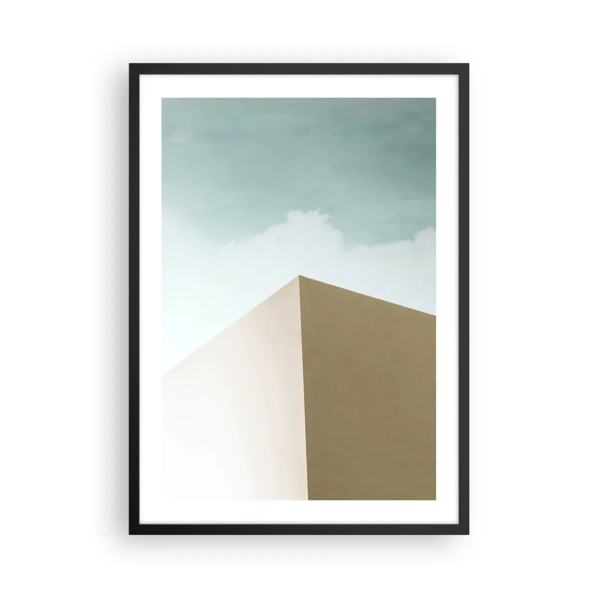 Plakat w czarnej ramie - Minimalistyczny budynek z delikatnym niebem - 50x70cm - Geometria słonecznego lata - Nowoczesna dekoracja ścienna do salonu i sypialni ARTTOR