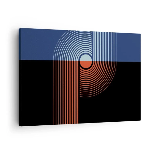 Obraz na płótnie - Geometryczna abstrakcja z liniami w kolorach granatu i pomarańczu - 70x50cm - W geometrycznym uścisku - Nowoczesna dekoracja ścienna do salonu i sypialni ARTTOR