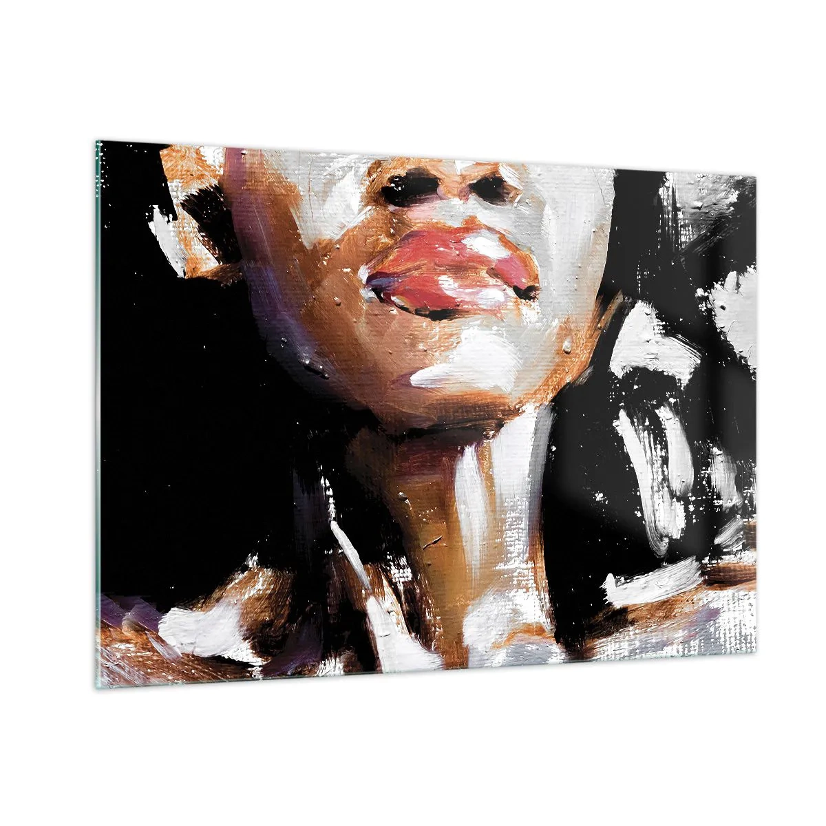 Obraz na szkle - Zbliżenie kolorowego portretu kobiety w stylu ekspresyjnym - 100x70cm - Duma bez uprzedzeń - Nowoczesna dekoracja ścienna do salonu, kuchni i sypialni ARTTOR