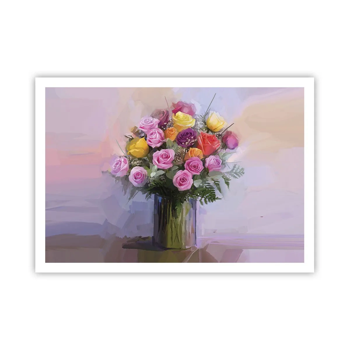 Plakat - Bukiet kolorowych róż w szklanym wazonie - 100x70cm - Zatrzymane piękno - Nowoczesna dekoracja ścienna do salonu i sypialni ARTTOR