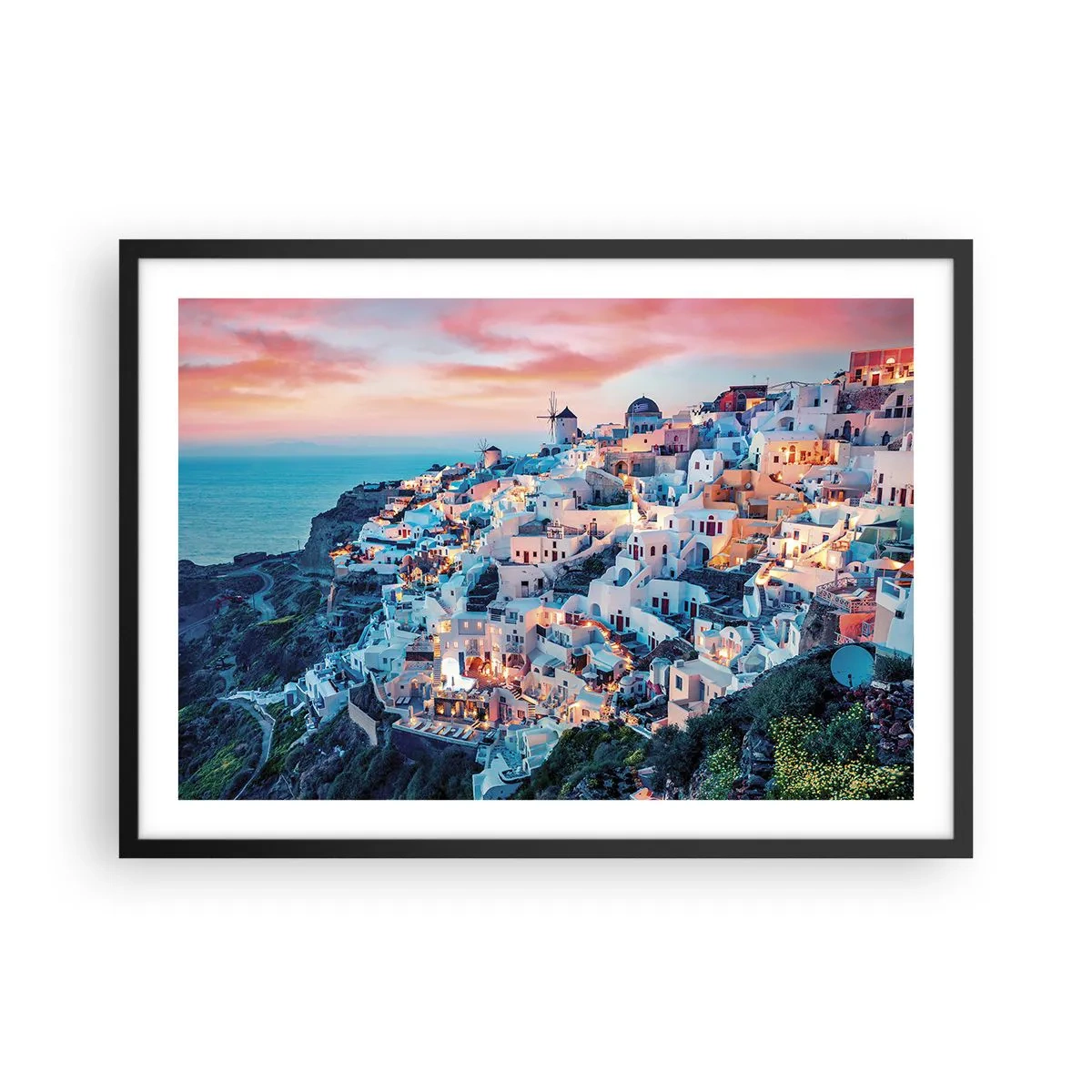 Plakat w czarnej ramie - Santorini o zachodzie słońca z białymi budynkami na wzgórzu - 70x50cm - Twoje wielkie greckie wakacje - Nowoczesna dekoracja ścienna do salonu i sypialni ARTTOR