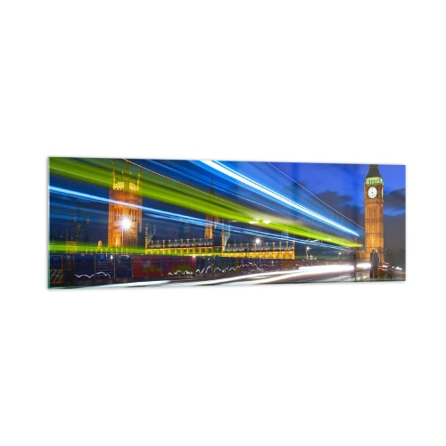 Obraz na szkle - Big Ben nocą z efektem świateł w ruchu na ulicy - 160x50cm - Pod okiem Big Bena - Nowoczesna dekoracja ścienna do salonu i sypialni ARTTOR