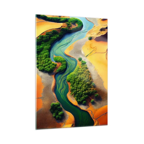 Obraz na szkle - Zielone oazy i rzeka wśród pomarańczowych wydm - 50x70cm - Życiodajna rzeka - Nowoczesna dekoracja ścienna do salonu, kuchni i sypialni ARTTOR