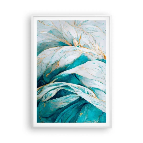 Plakat w białej ramie - Błękitna abstrakcja z motywem złota - 70x100 cm