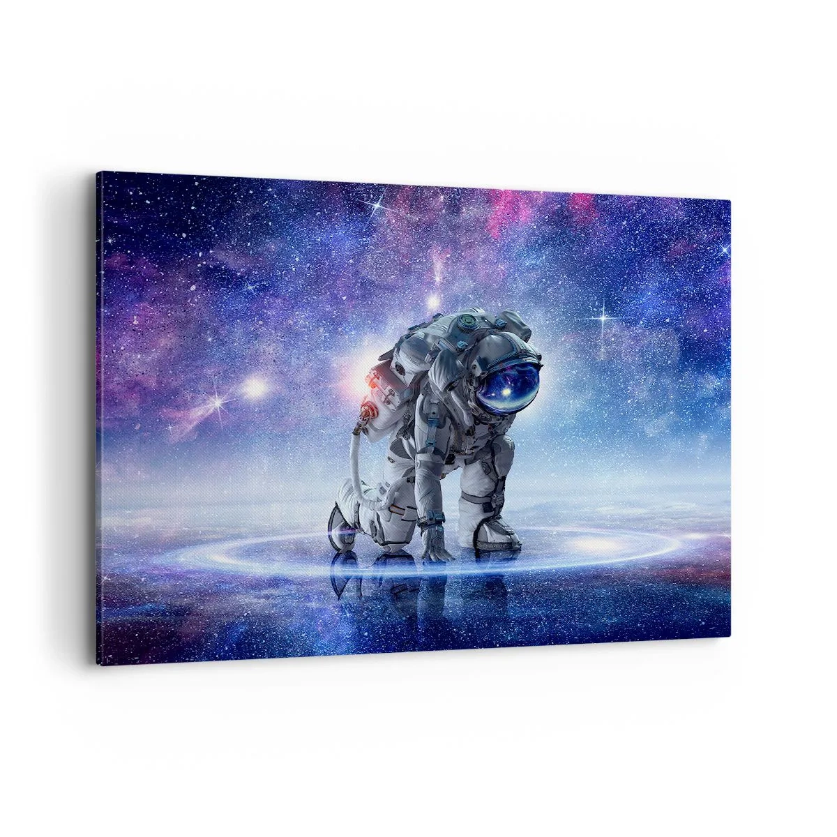 Obraz na płótnie - Astronauta w galaktycznym krajobrazie - 100x70cm - Niebo gwiaździste nade mną - Nowoczesna dekoracja ścienna do salonu, kuchni i sypialni ARTTOR