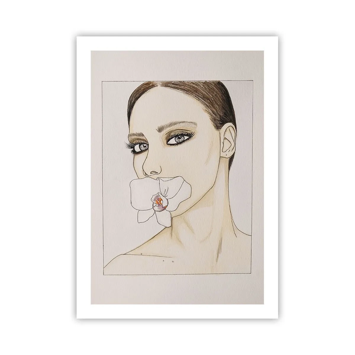 Plakat - Portret kobiety z orchideą na ustach - 50x70cm - Symbol elegancji i piękna - Nowoczesna dekoracja ścienna do salonu, kuchni i sypialni ARTTOR