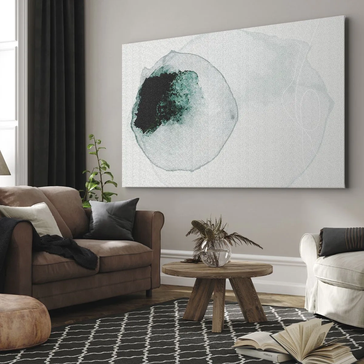 Obraz na płótnie - Abstrakcyjna kropla wody z odcieniem zieleni i czerni - 70x50cm - W kropli wody - Nowoczesna dekoracja ścienna do salonu i sypialni ARTTOR