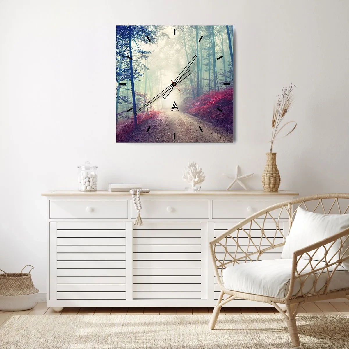 Zegar ścienny - Magiczna ścieżka leśna otoczona drzewami i mgłą - 30x30cm - Jak dobrze wstać skoro świt - Nowoczesna dekoracja ścienna do salonu i sypialni ARTTOR