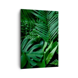 Obraz na płótnie - Zielone liście tropikalnych roślin, takich jak monstera i palma - 50x70cm - Utulone w zieleni - Nowoczesna dekoracja ścienna do salonu, kuchni i sypialni ARTTOR