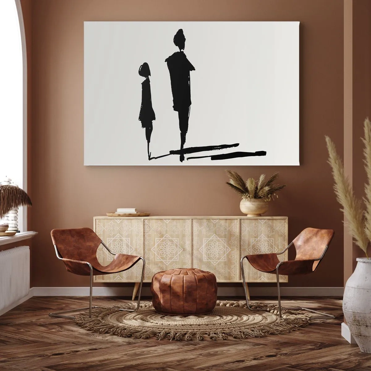 Obraz na płótnie - Sylwetki dwóch osób w czerni na jasnym tle - 70x50cm - Na pewno razem? - Nowoczesna dekoracja ścienna do salonu i sypialni ARTTOR