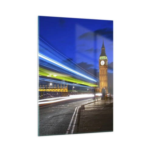 Obraz na szkle - Big Ben nocą z rozmazanymi światłami aut - 50x70cm - Pod okiem Big Bena - Nowoczesna dekoracja ścienna do salonu, kuchni i sypialni ARTTOR