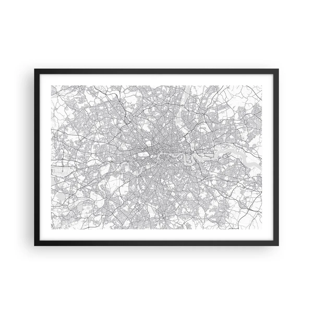 Plakat w czarnej ramie - Minimalistyczna mapa miasta w odcieniach szarości - 70x50cm - Mapa londyńskiego labiryntu - Nowoczesna dekoracja ścienna do salonu i sypialni ARTTOR