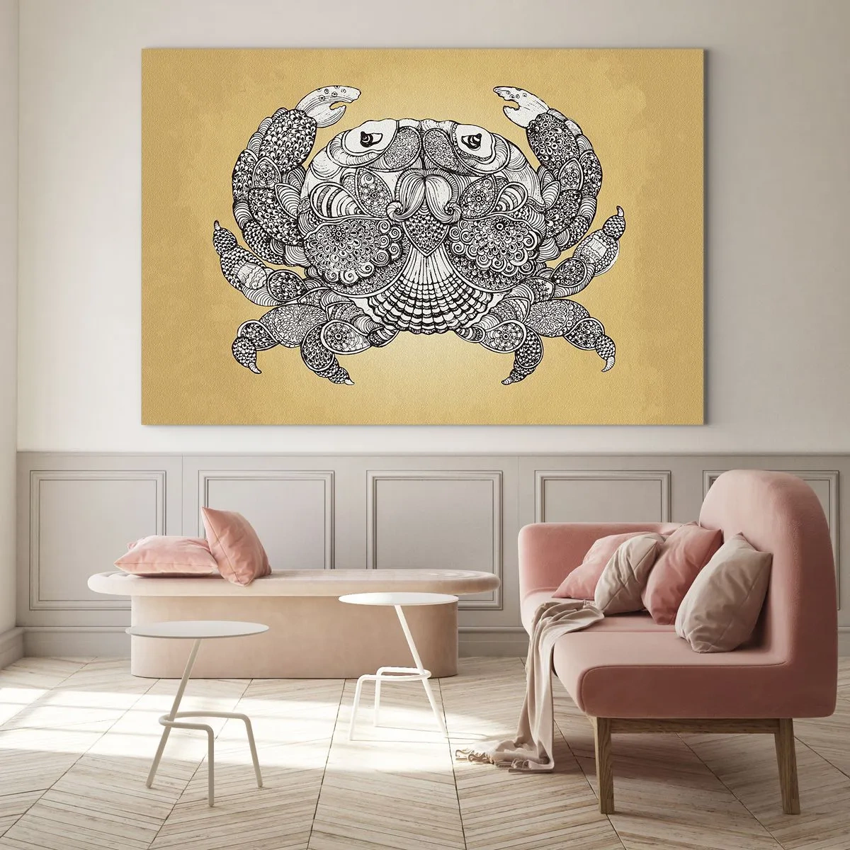 Obraz na szkle - Stylizowany rysunek kraba z ornamentami na żółtym tle - 70x50cm - Opowieści Pana Kraba - Nowoczesna dekoracja ścienna do salonu i sypialni ARTTOR