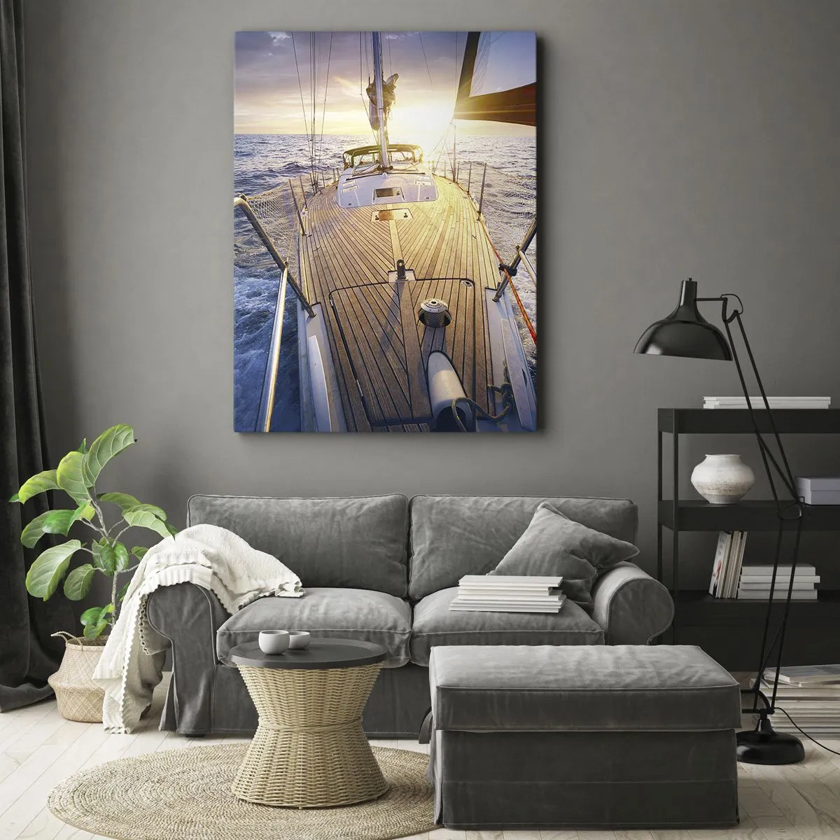 Obraz na płótnie - Jacht na morzu podczas zachodu słońca - 70x100cm - Biegnąca po falach - Nowoczesna dekoracja ścienna do salonu i sypialni ARTTOR