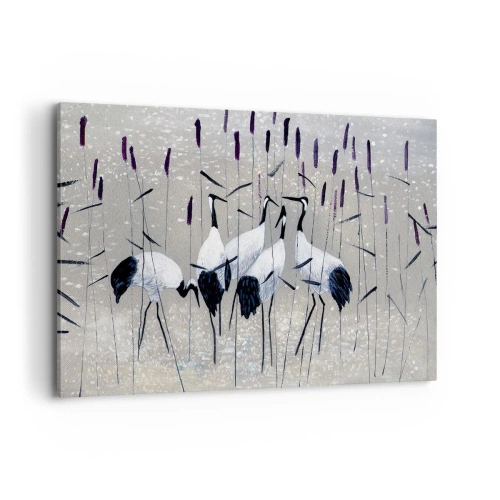 Obraz na płótnie - Czaple wśród traw na spokojnym tle - 120x80cm - Wśród swoich - Nowoczesna dekoracja ścienna do salonu, kuchni i sypialni ARTTOR