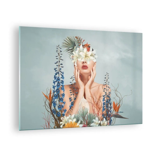 Obraz na szkle - Postać kobiety z kwiatową koroną i kompozycją florystyczną - 70x50cm - Kobieta – kwiat - Nowoczesna dekoracja ścienna do salonu i sypialni ARTTOR