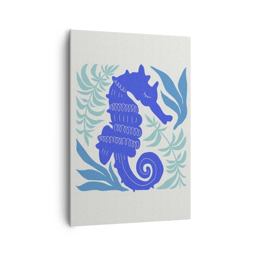 Obraz na płótnie - Stylizowany konik morski otoczony delikatnymi roślinnymi wzorami - 70x100cm - Na podwodnej łące - Nowoczesna dekoracja ścienna do salonu i sypialni ARTTOR