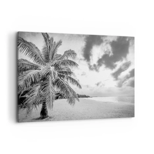 Obraz na płótnie - Czarno-biała palma na pustej plaży z chmurami - 100x70cm - Gdy tęsknisz do samotności… - Nowoczesna dekoracja ścienna do salonu, kuchni i sypialni ARTTOR