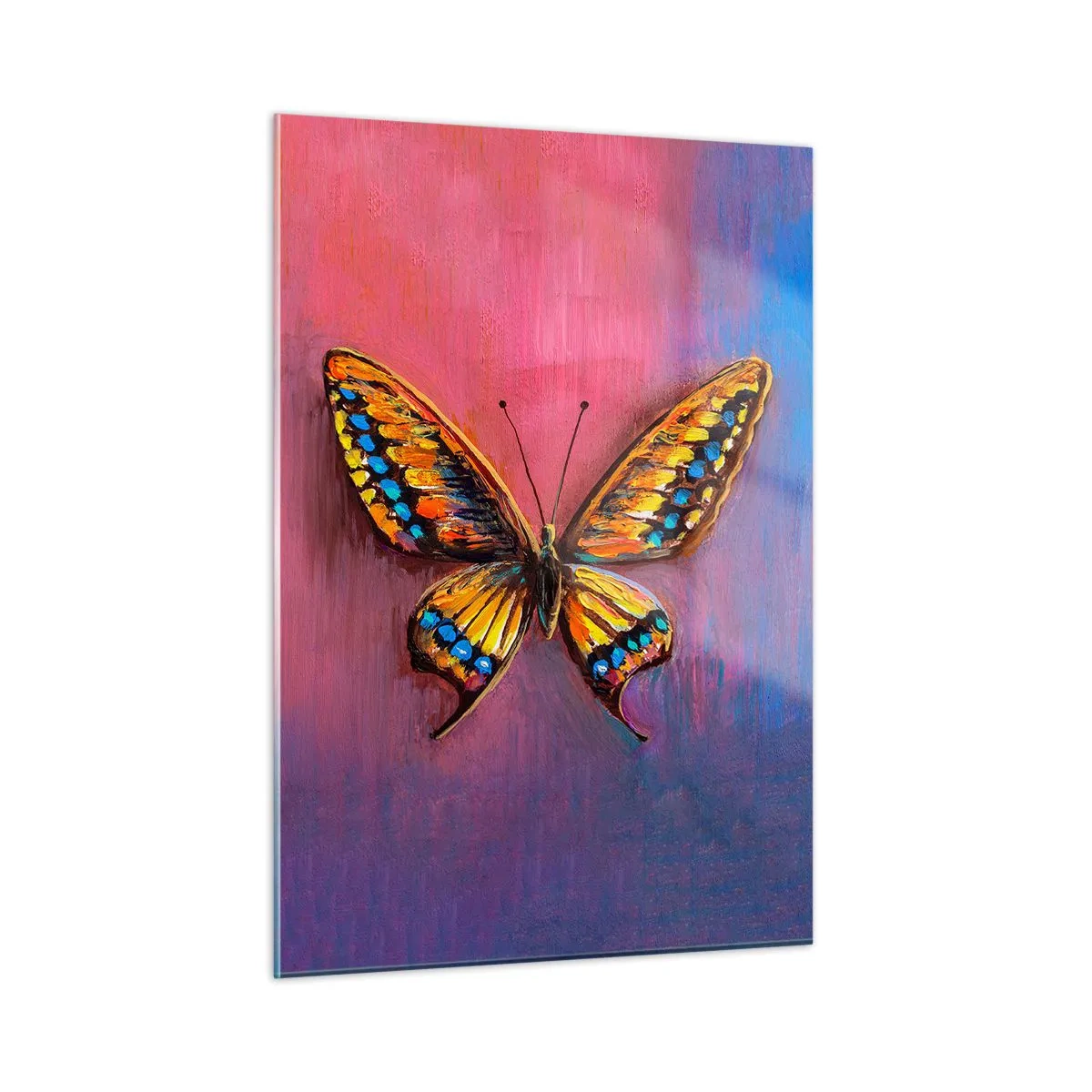 Obraz na szkle - Kolorowy motyl na tle w odcieniach różu i fioletu - 50x70cm - Klejnot natury - Nowoczesna dekoracja ścienna do salonu, kuchni i sypialni ARTTOR