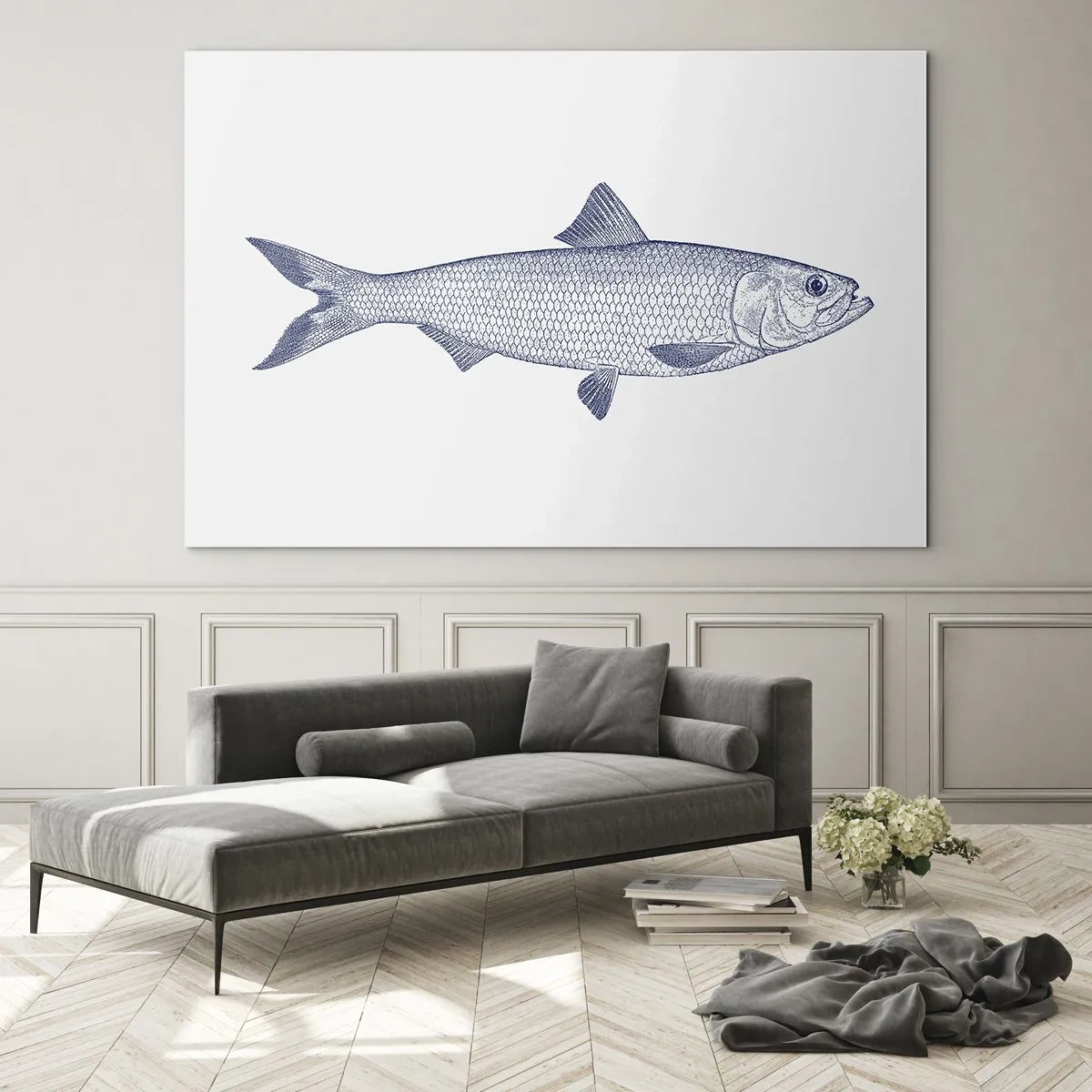 Obraz na szkle - Szkic ryby w stylu vintage na jasnym tle - 120x80cm - Pozdrowienia z północnych mórz - Nowoczesna dekoracja ścienna do salonu, kuchni i sypialni ARTTOR