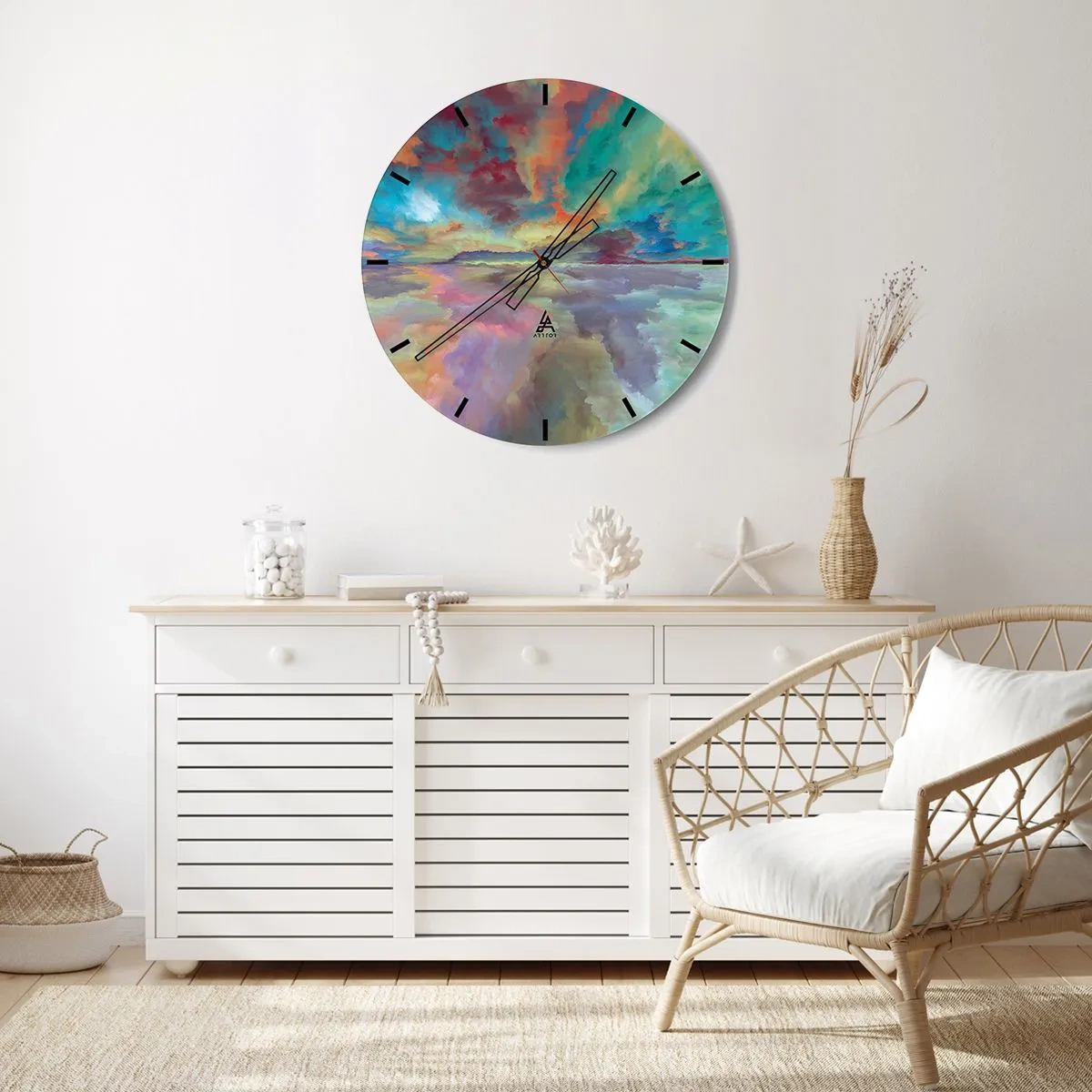 Zegar ścienny - Kolorowe niebo pełne abstrakcyjnych chmur nad spokojnym horyzontem - 30x30cm - Dwa nieba - Nowoczesna dekoracja ścienna do salonu, kuchni i sypialni ARTTOR
