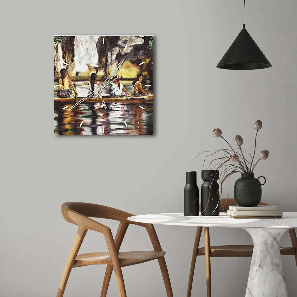 Zegar ścienny - Kobiety w łodzi na spokojnej rzece z malowniczym tłem - 30x30cm - W polinezyjskim raju - Nowoczesna dekoracja ścienna do salonu i sypialni ARTTOR