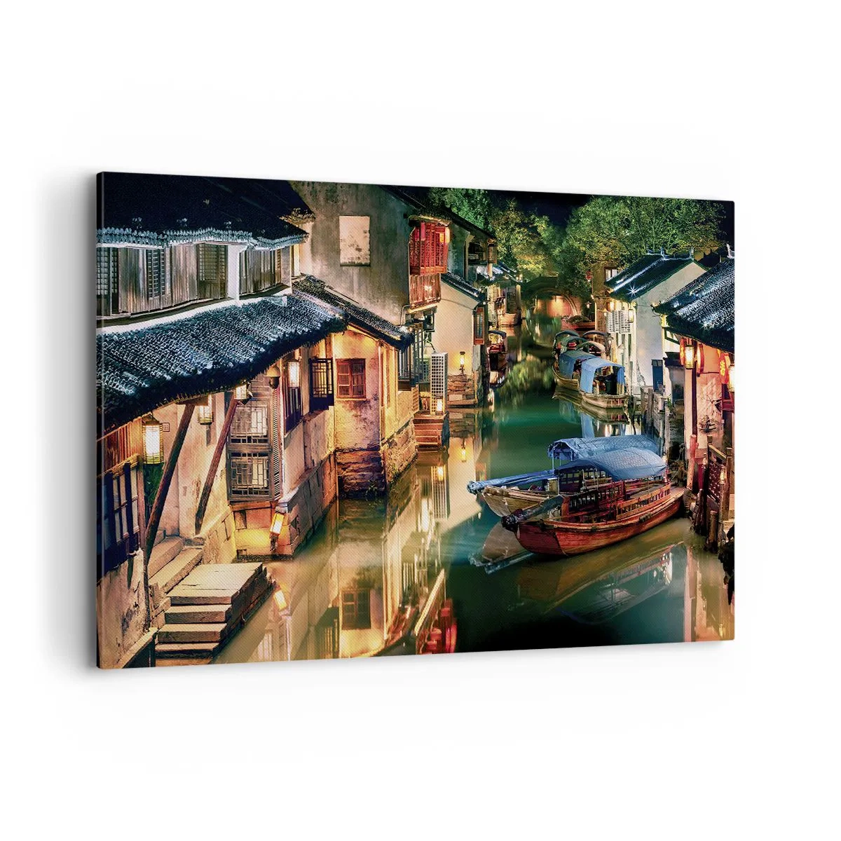 Obraz na płótnie - Nocny widok na kanały z tradycyjnymi łodziami i domami - 120x80cm - Wieczór na chińskiej ulicy - Nowoczesna dekoracja ścienna do salonu, kuchni i sypialni ARTTOR