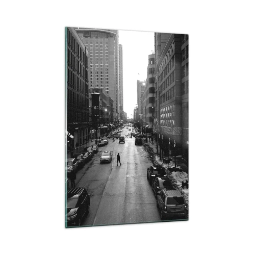 Obraz na szkle - Czarno-biała ulica w środku miasta z samochodami i pieszymi - 80x120cm - Kolejny dzień jak co dzień - Nowoczesna dekoracja ścienna do salonu i sypialni ARTTOR