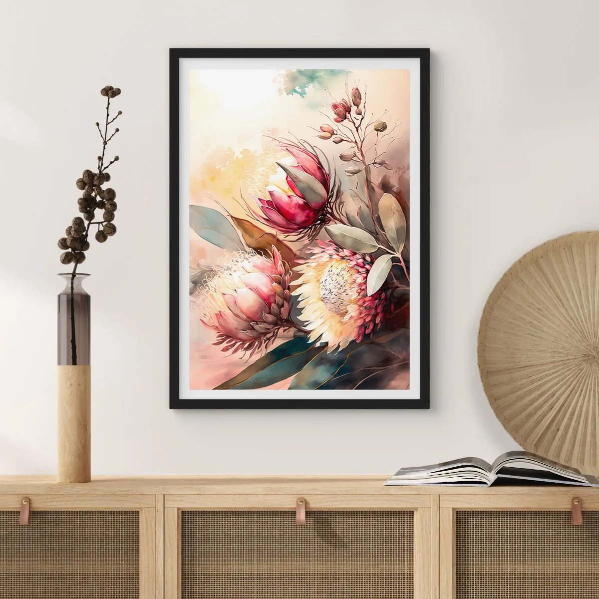 Plakat w czarnej ramie - Bukiet kwiatów protea w delikatnych barwach - 50x70cm - Z profilu i en face - Nowoczesna dekoracja ścienna do salonu i sypialni ARTTOR