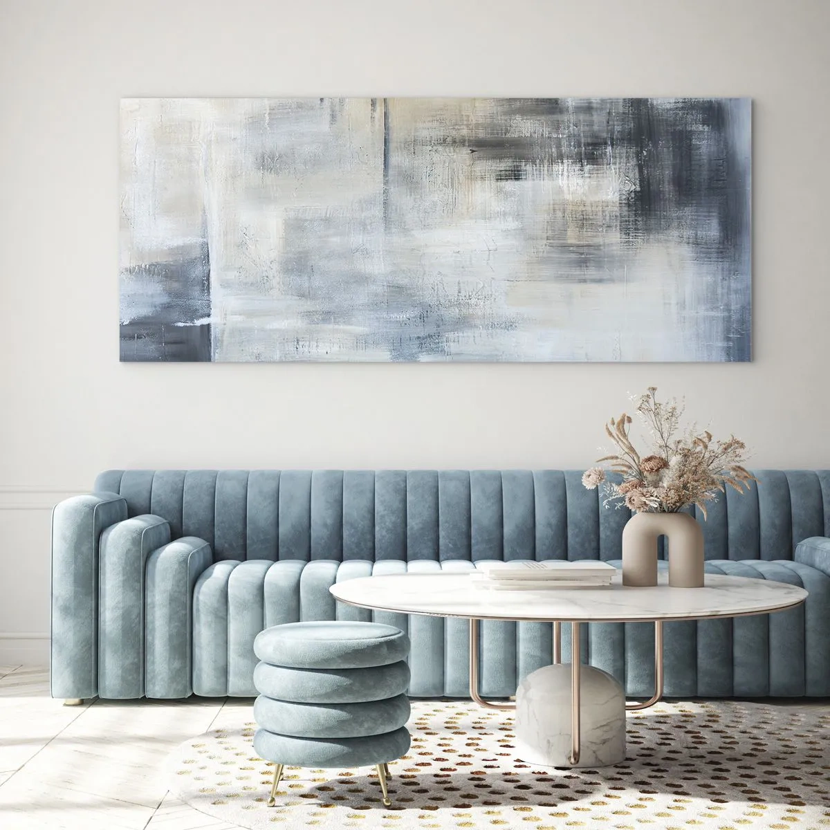 Obraz na szkle - Abstrakcyjna kompozycja w odcieniach błękitu i szarości - 160x50cm - Za zasłoną błękitu - Nowoczesna dekoracja ścienna do salonu i sypialni ARTTOR