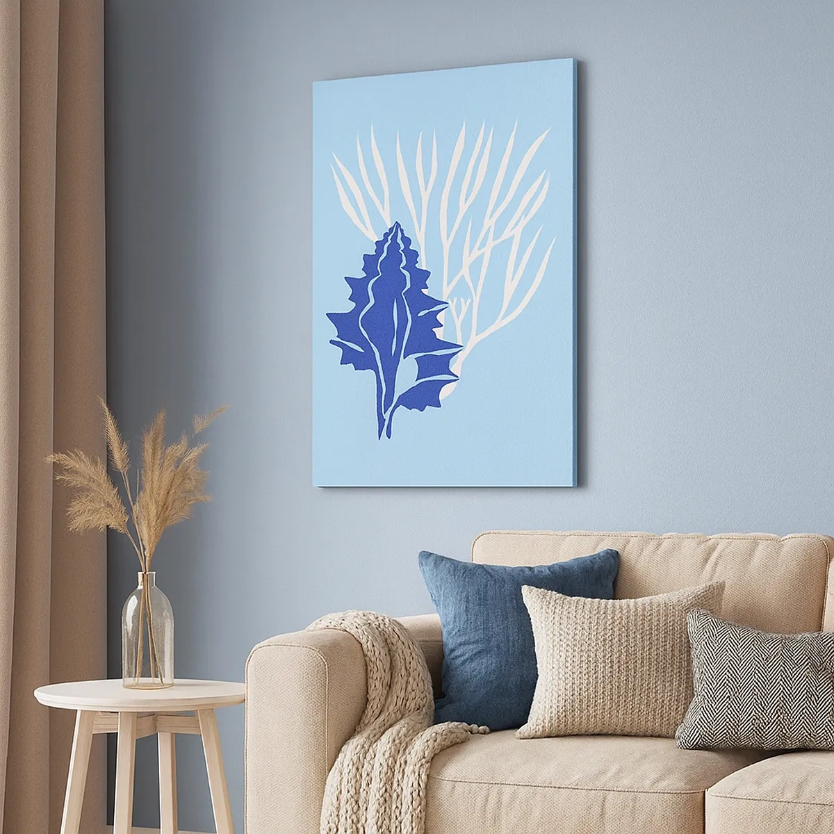 Obraz na płótnie - Minimalistyczna grafika muszli i koralowca w odcieniach błękitu - 50x70cm - Liściaste formy - Nowoczesna dekoracja ścienna do salonu, kuchni i sypialni ARTTOR