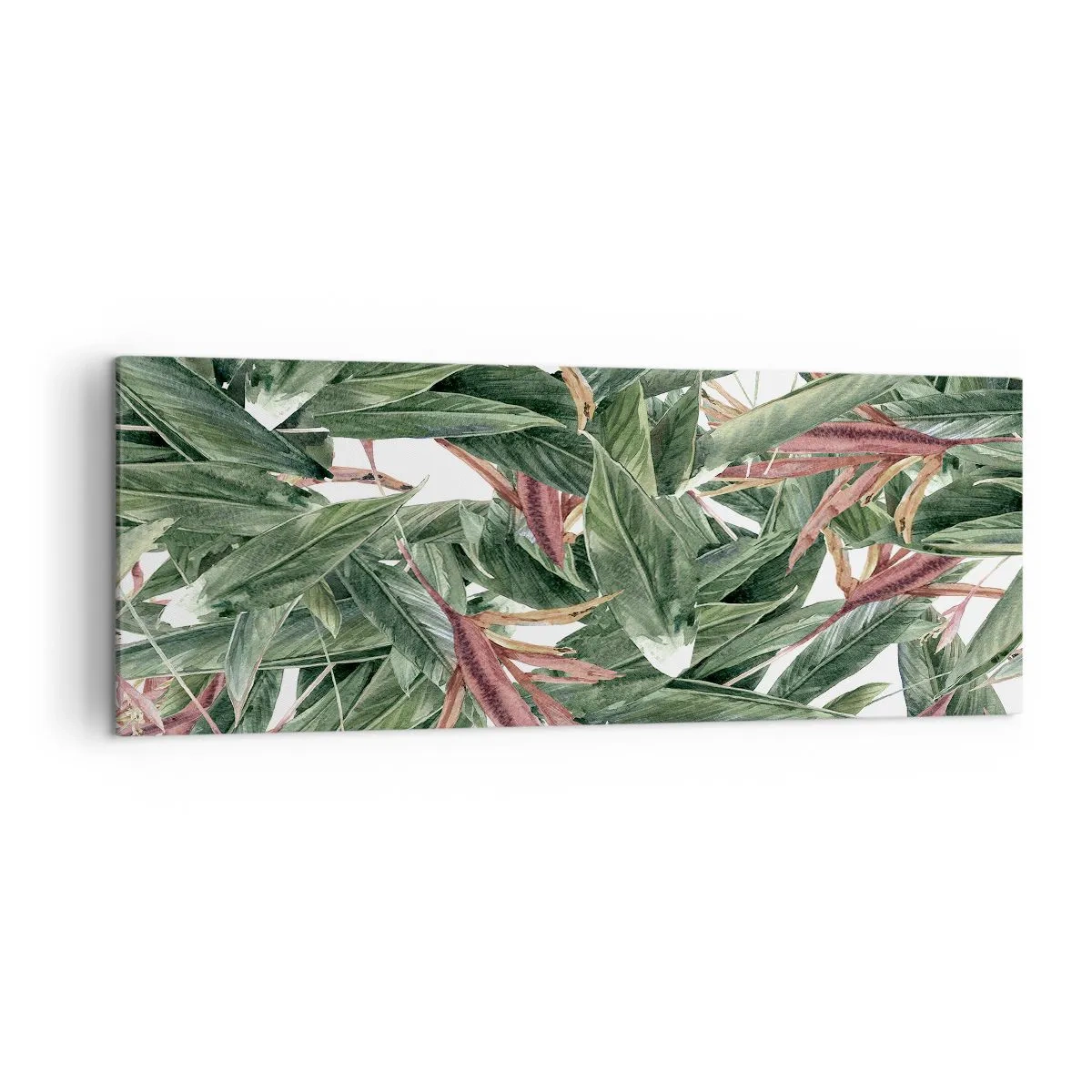 Obraz na płótnie - Dekoracyjny motyw liści w odcieniach zieleni i bordo na jasnym tle - 140x50cm - Szmaragdowo-liliowy gąszcz - Nowoczesna dekoracja ścienna do salonu i sypialni ARTTOR