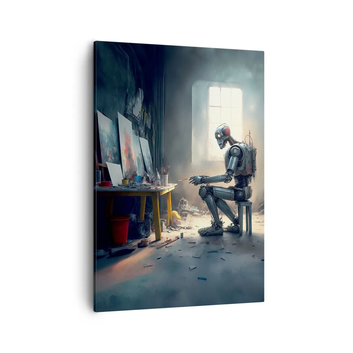 Obraz na płótnie - Robot malujący w pracowni - 50x70cm - Akt kreacji - Nowoczesna dekoracja ścienna do salonu, kuchni i sypialni ARTTOR