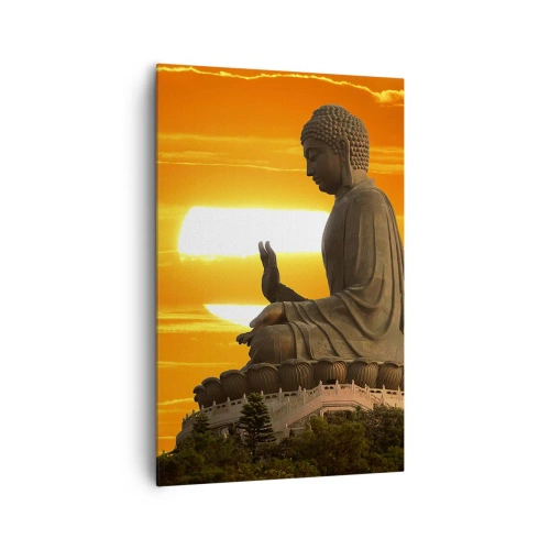 Obraz na płótnie - Buddyjska statua na tle pomarańczowego zachodu słońca - 80x120cm - Bez strachu przed światem - Nowoczesna dekoracja ścienna do salonu i sypialni ARTTOR