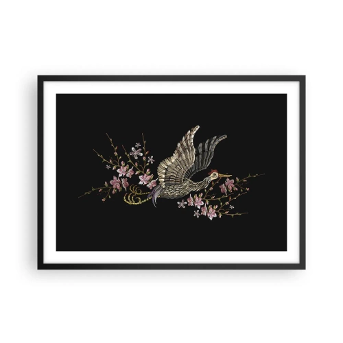 Plakat w czarnej ramie - Ptak w locie z kwiatami na czarnym tle - 70x50cm - Egzotyczny, haftowany ptak - Nowoczesna dekoracja ścienna do salonu i sypialni ARTTOR
