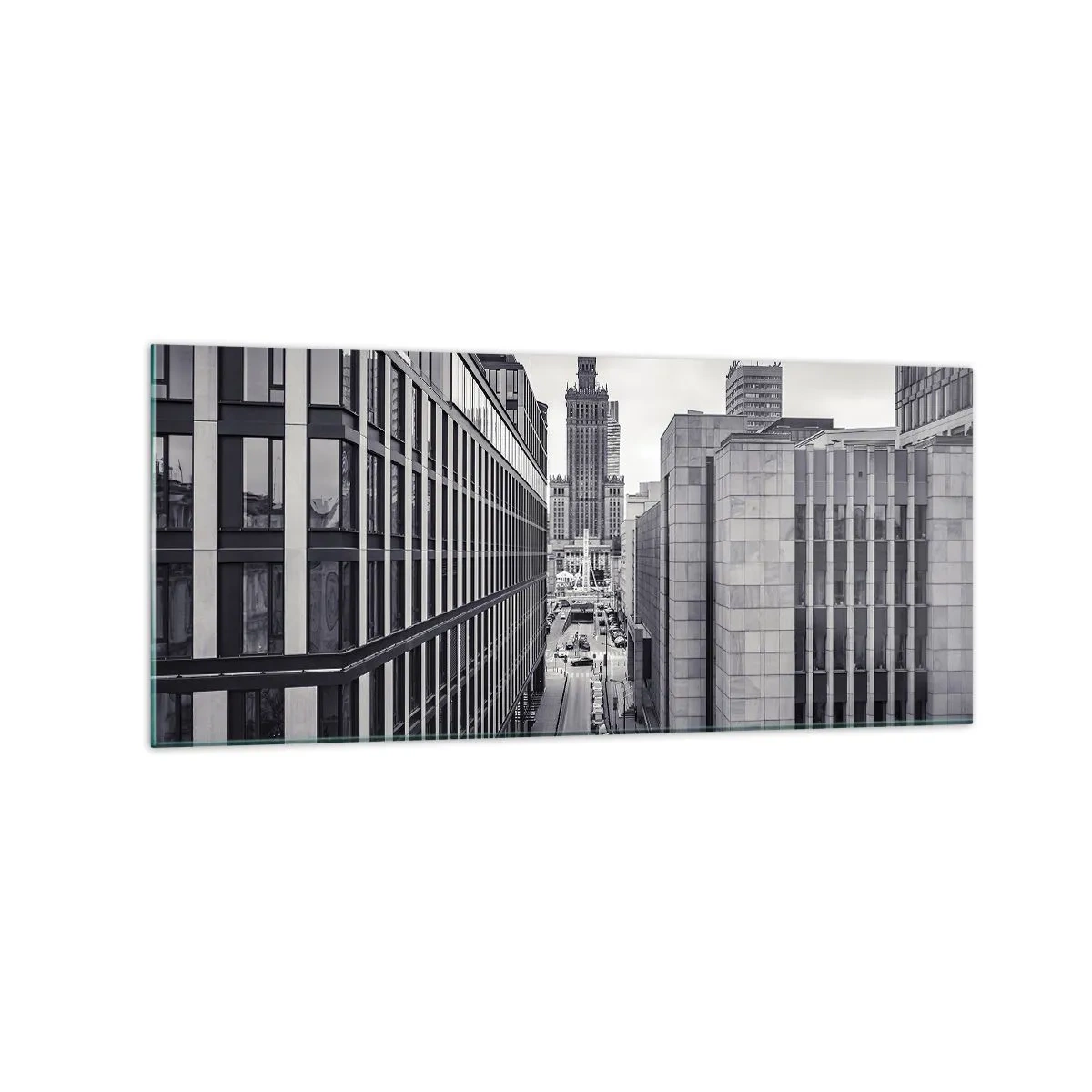 Obraz na szkle - Panorama Warszawy z widokiem na Pałac Kultury i otaczające budynki - 120x50cm - Warszawska dolina - Nowoczesna dekoracja ścienna do salonu i sypialni ARTTOR