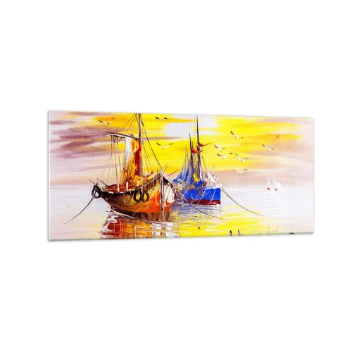 Obraz na szkle - Malarska scena z łodziami na spokojnym morzu - 120x50cm - Zasłużony odpoczynek w porcie - Nowoczesna dekoracja ścienna do salonu i sypialni ARTTOR