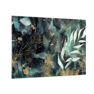 Obraz na szkle - Złote i zielone liście na ciemnym tle - 70x50cm - Zaczarowany ogród - Nowoczesna dekoracja ścienna do salonu i sypialni ARTTOR