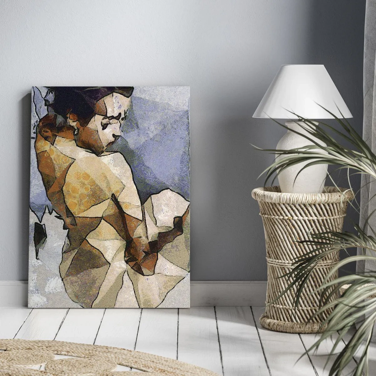 Obraz na płótnie - Kubistyczna kompozycja przedstawiająca kobietę w odcieniach beżu i błękitu - 70x100cm - W duchu kubizmu - Nowoczesna dekoracja ścienna do salonu i sypialni ARTTOR